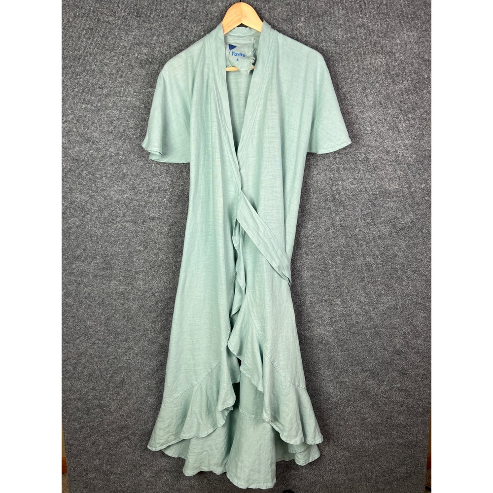 Yuvita Women's Wrap Dress Linen Blue Short‎ Sleeve Midi Casual Size S